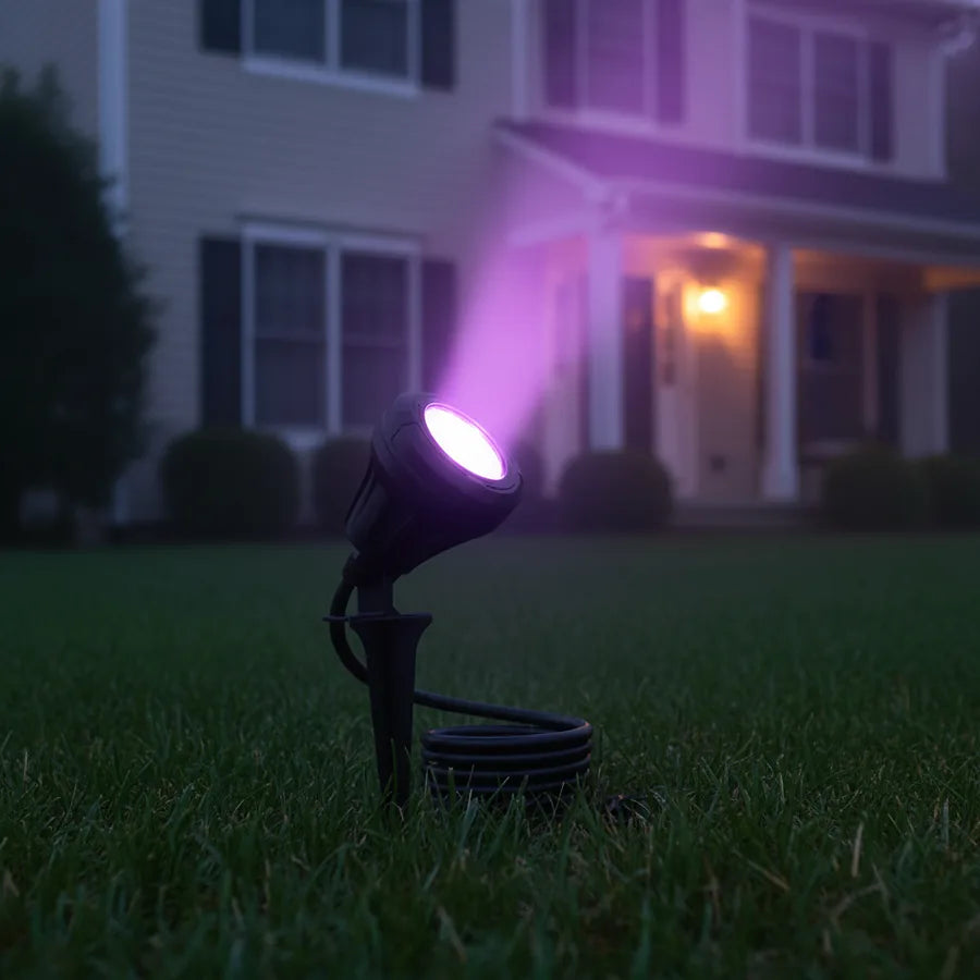 Coldfire Spotlight set up on a suburban front lawn at night, lit against the house