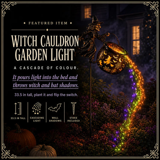 Featured card: the witch and cauldron stake pouring cascading colour into a garden bed, specs listed beside it.