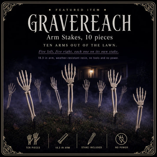 Featured card: the bone arm stakes clawing out of a foggy night lawn, with the pack size and reach listed.