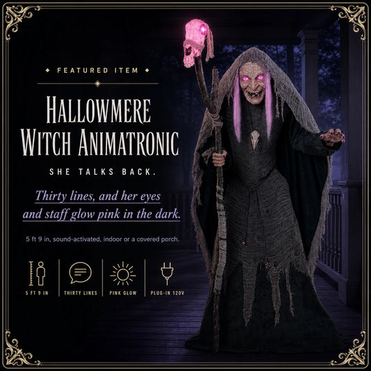Featured card: the witch animatronic with her staff glowing pink on a covered porch, specs listed beside her.