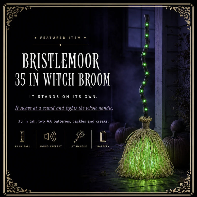 Featured card: the witch broom standing on its own with the handle lit green, specs listed beside it.