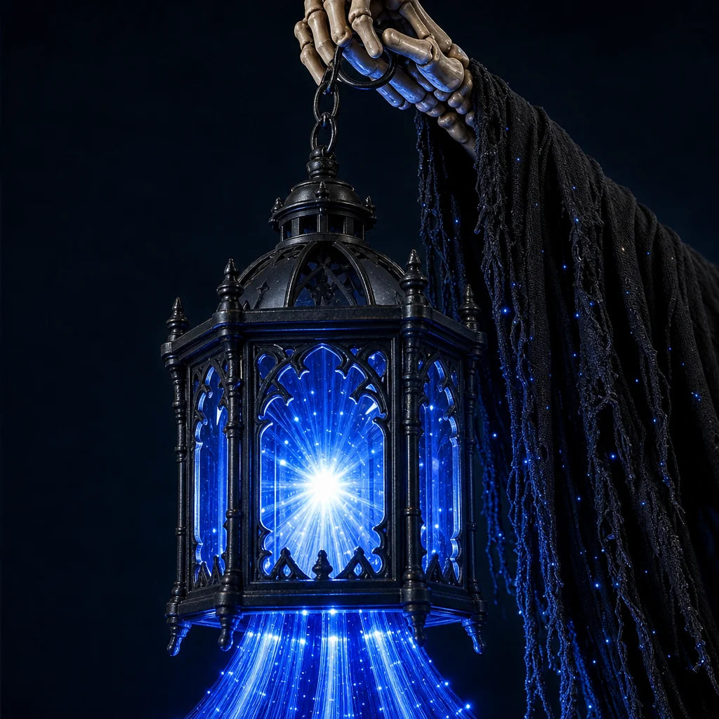 Extreme close-up of the black gothic lantern held on its chain, blue core lit