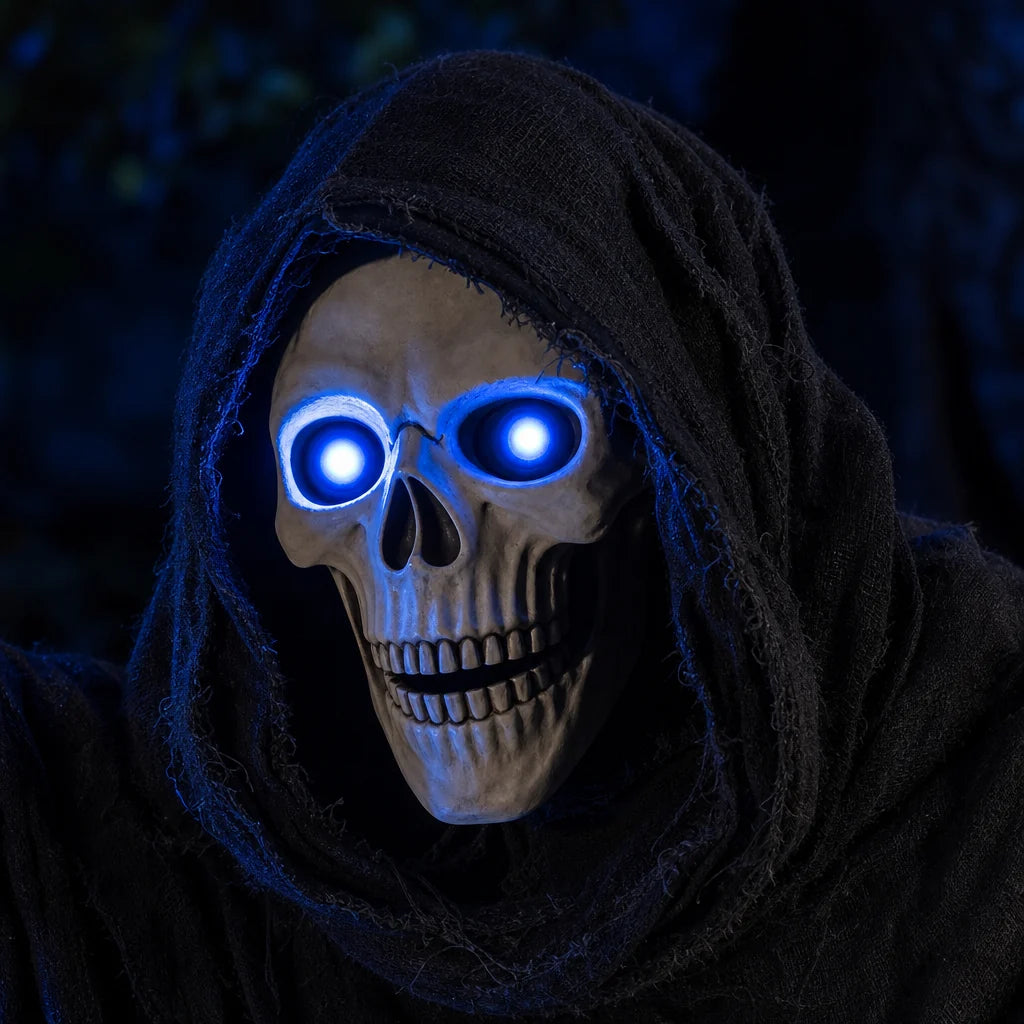 The hooded moulded head at night, two round lens eyes glowing blue