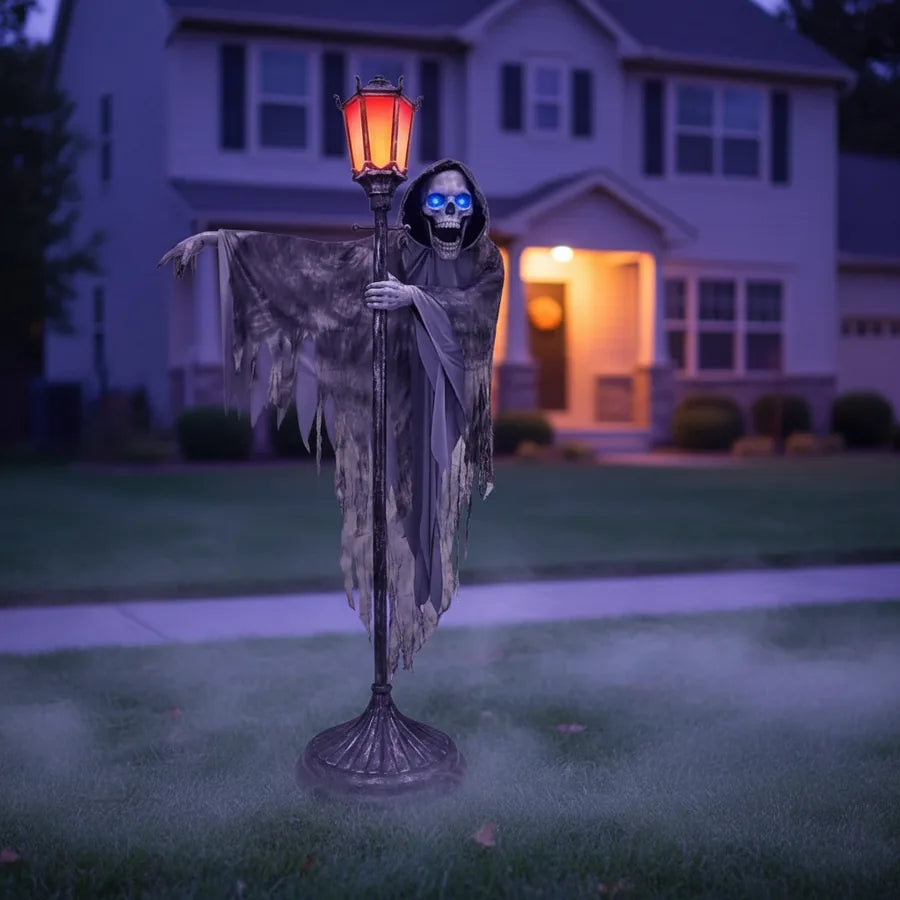 Duskmere Reaper set up on a suburban front lawn at night, lit against the house
