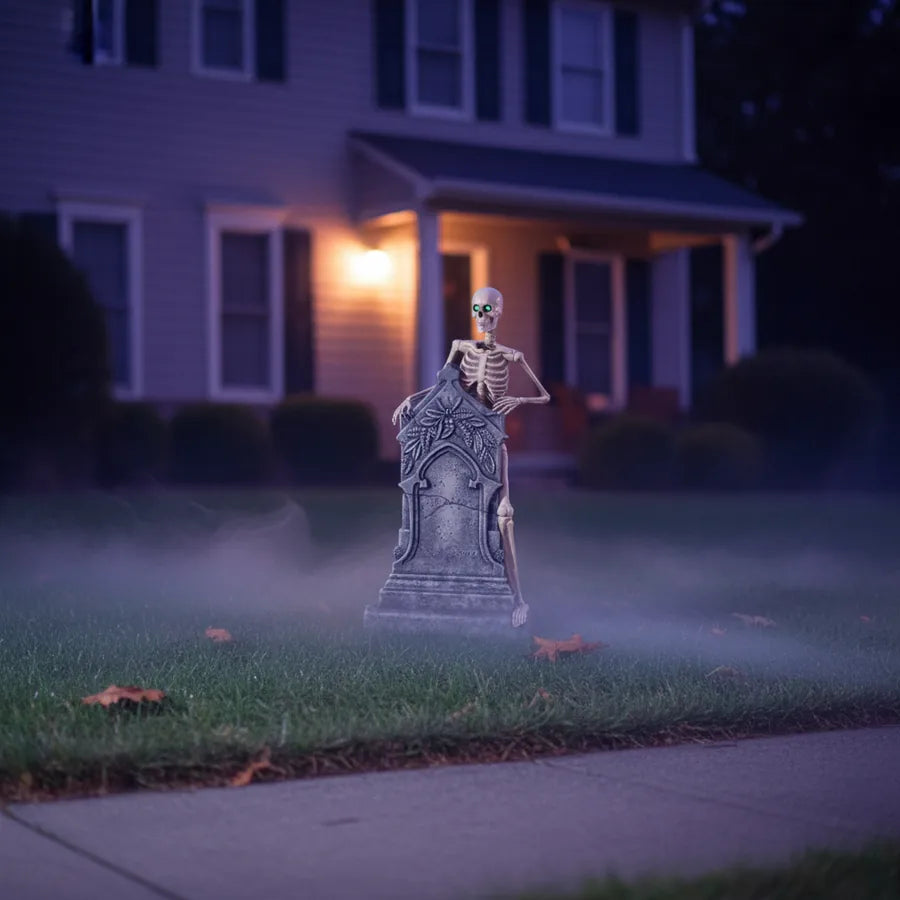 Gravewood 5 ft Skeleton Headstone set up on a suburban front lawn at night, lit against the house
