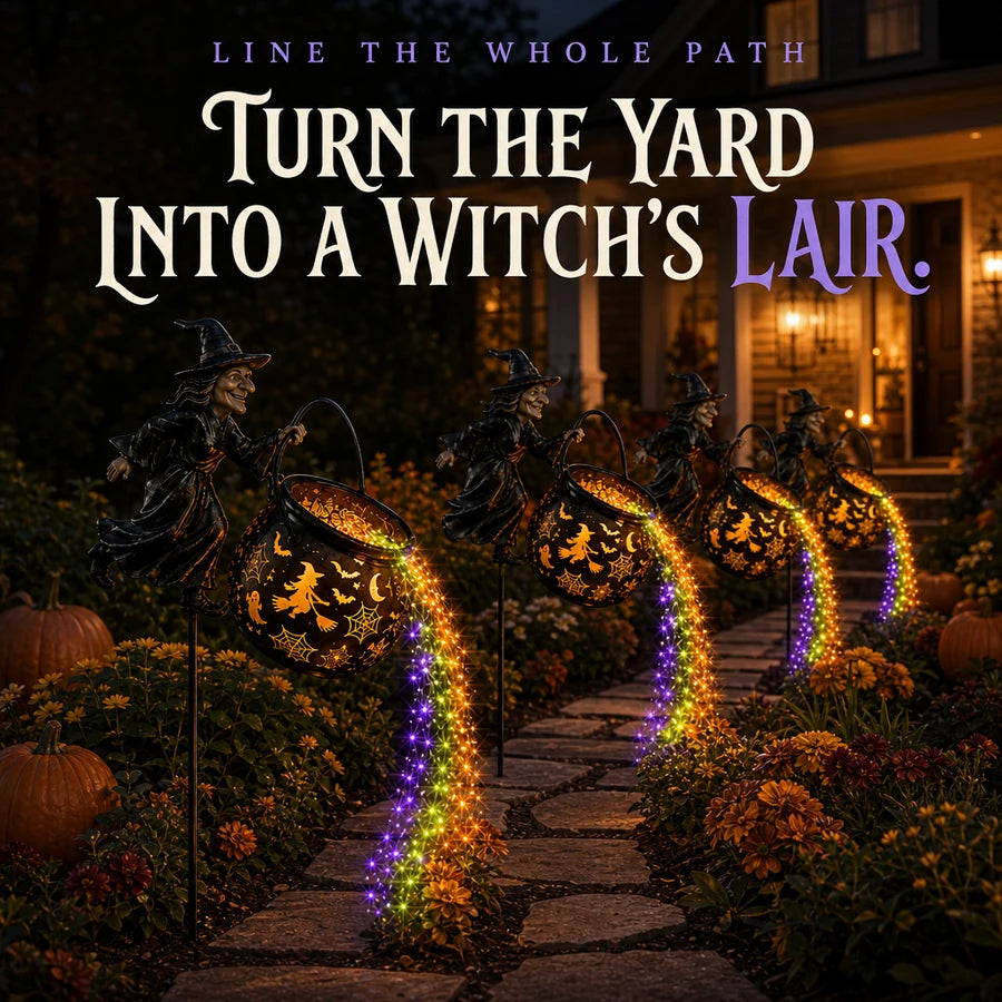 Infographic: four matching cauldron stakes lining a stone garden path at night